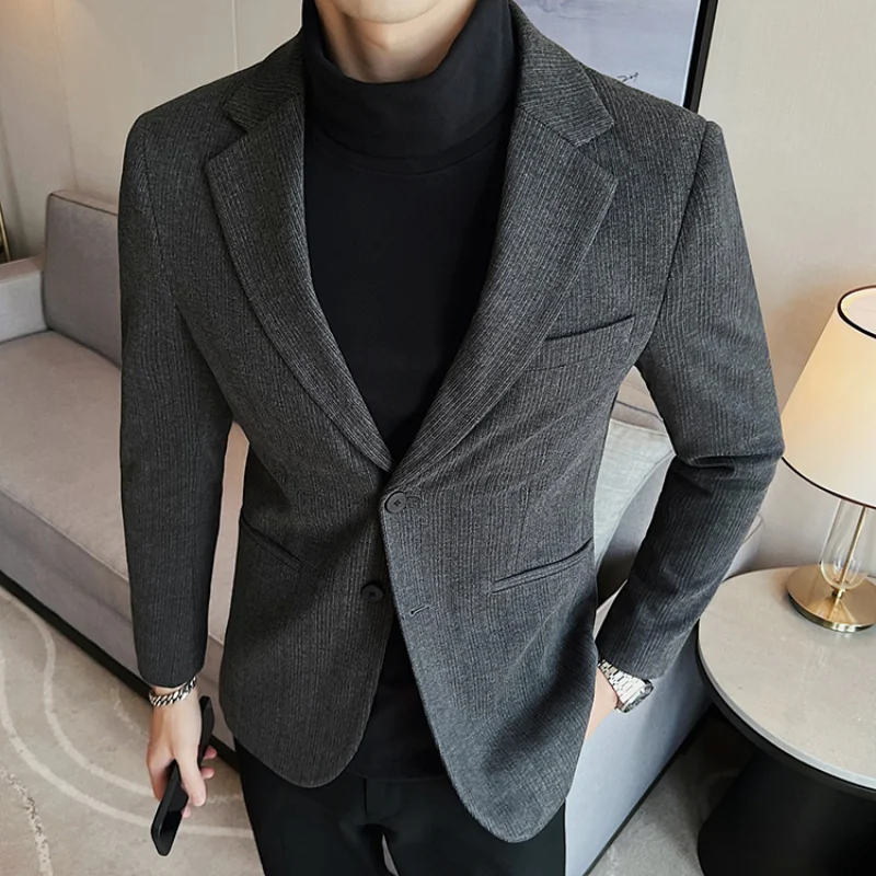 Autumn Winter Woolen Men's Blazers Classic Striped Casual Suit Jacket Slim Social Wedding Groom Blazer Masculino Streetwear 2022