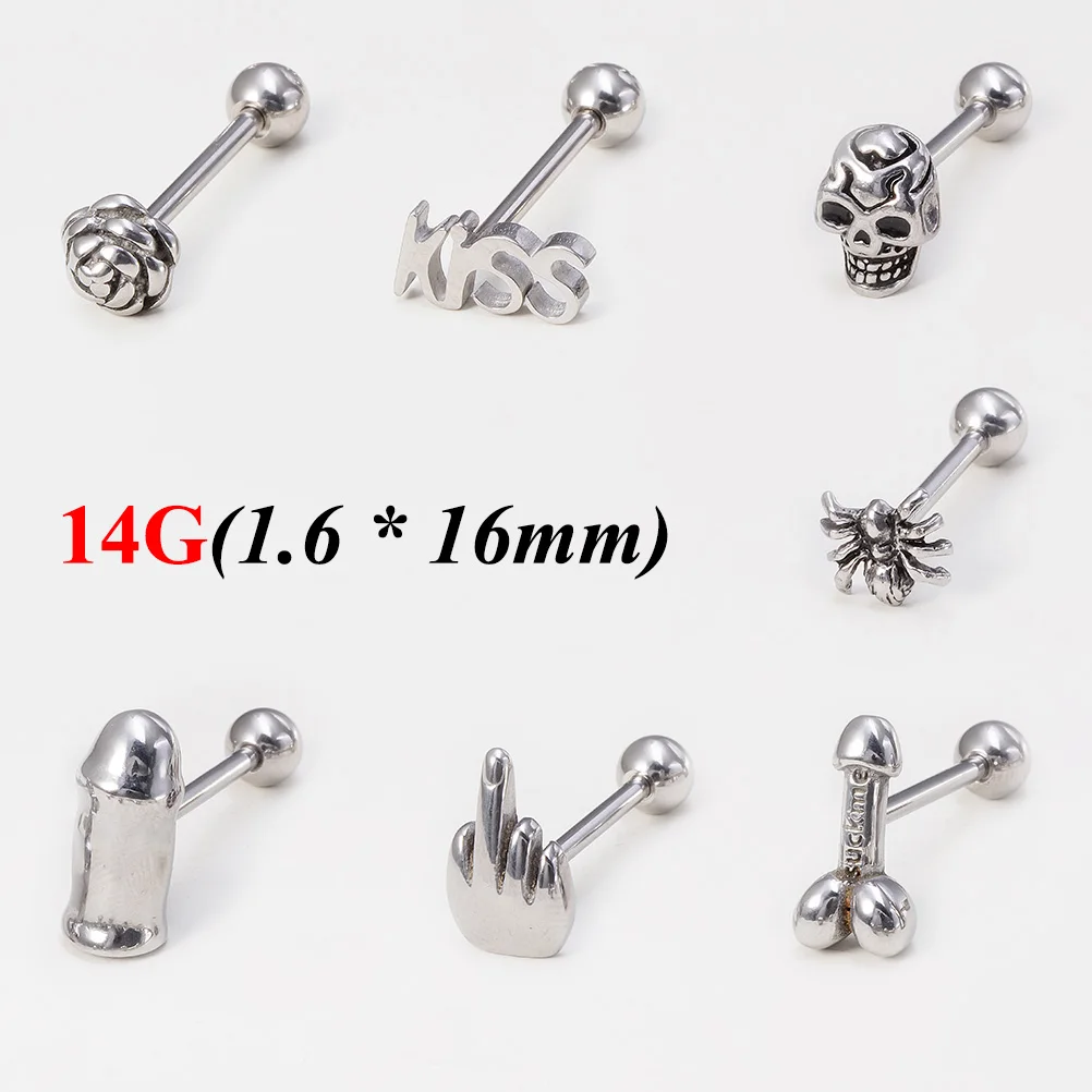 

1pc 5/8in(16mm)L 14G Tongue Piercing Barbells Surgical Stainless Steel Middle Finger Letter Tongue Rings Body Jewelry for Women