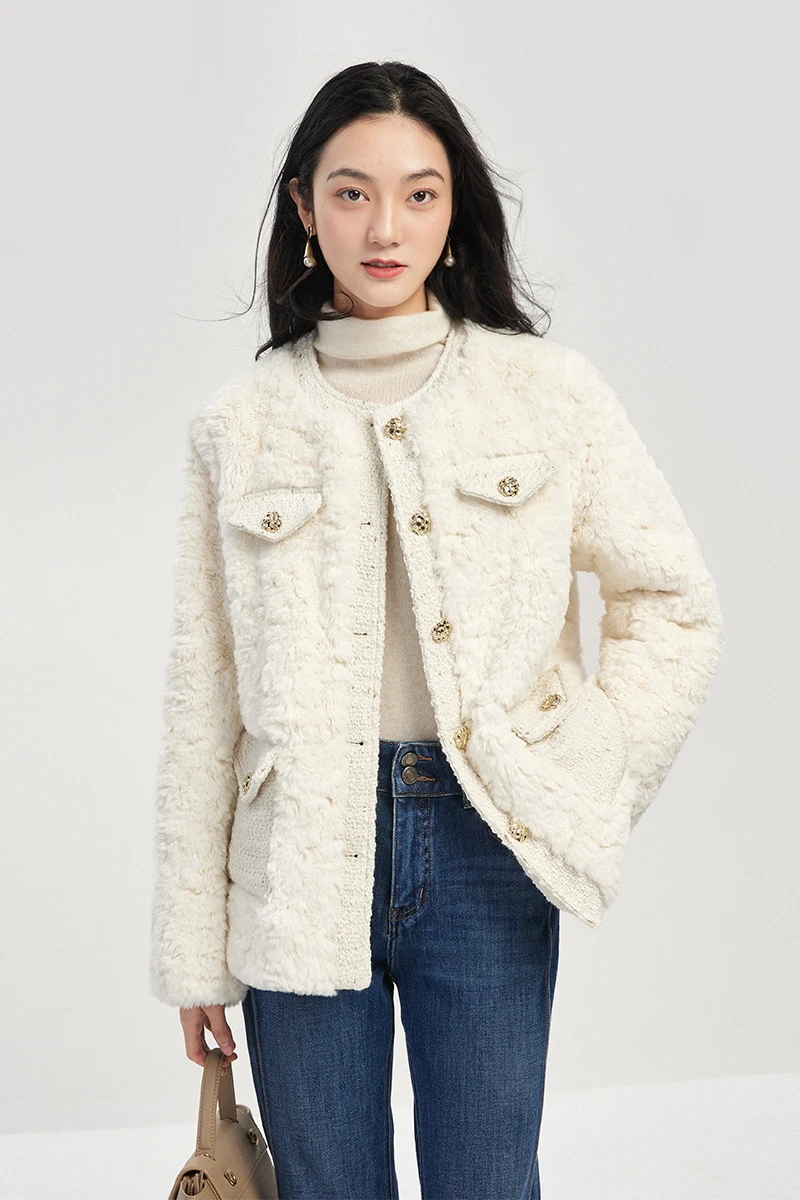 SHUCHAN Faux Fur  Coats for Women  Thick Warm Fur  High Street  Spliced  Winter  O-Neck  Single Breasted  Wide-waisted