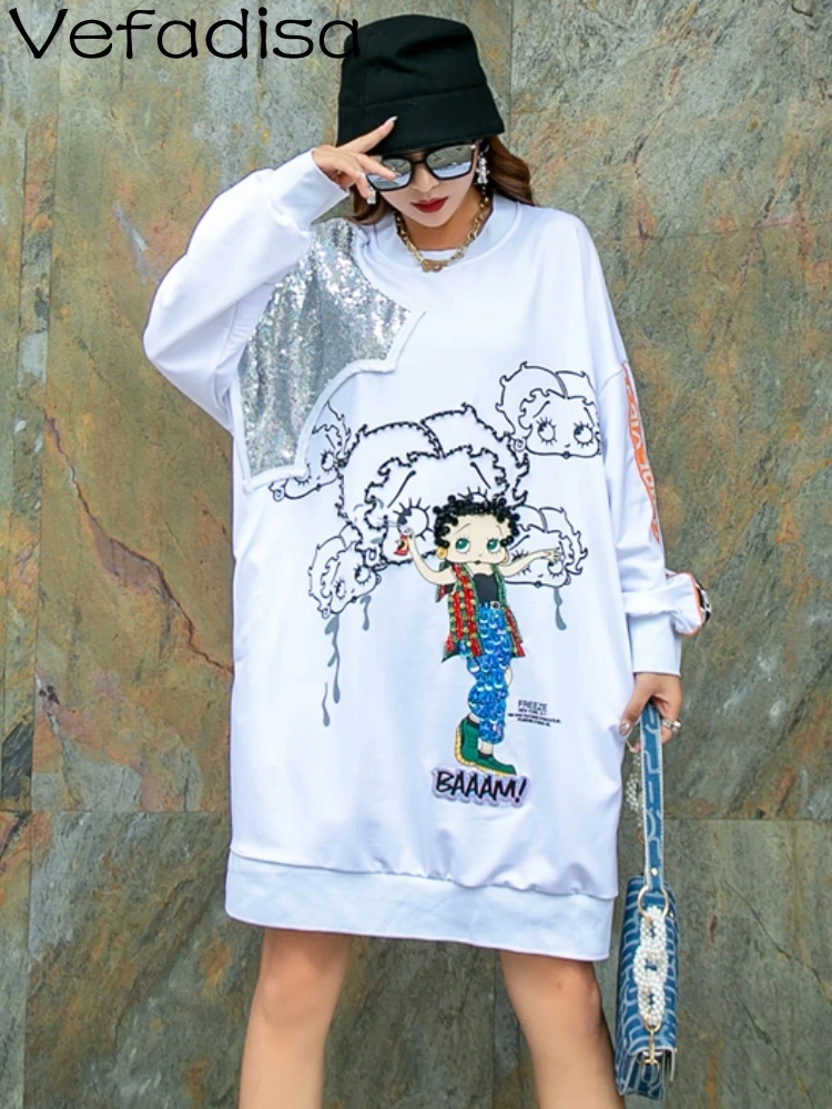 

Vefadisa Black White Cartoon Print Sweatshirt Dress 2023 Spring Autumn Sequin Sweatshirt Dress Pullover Long Sweatshirt QYF3756