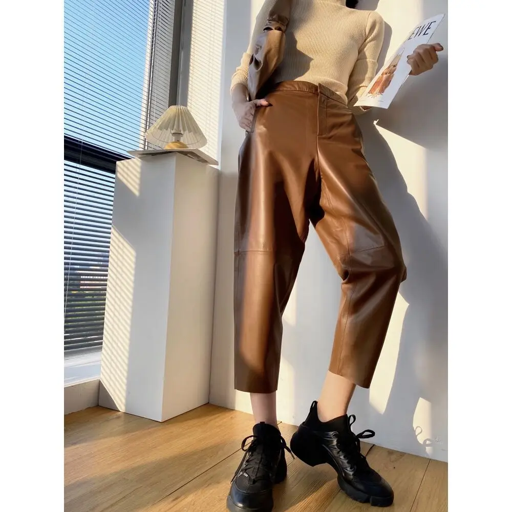 Fashion Women Pants 100% Natural Genuine Sheep Leather Real Sheep Leather Ankle-Length Pants Trousers high-quality H114