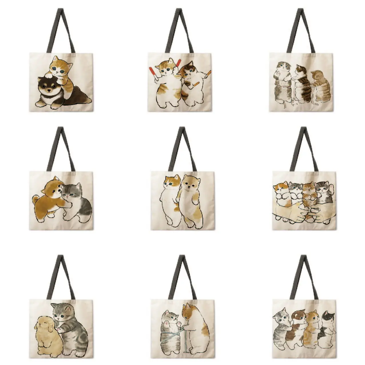 

Ink cute kitten print handbag Women's canvas bag Women's shoulder bag Foldable reusable shopping bag