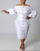 2022 women decorative single breasted lantern sleeve dress elegant solid color water soluble positioning lace vestidos de gala
