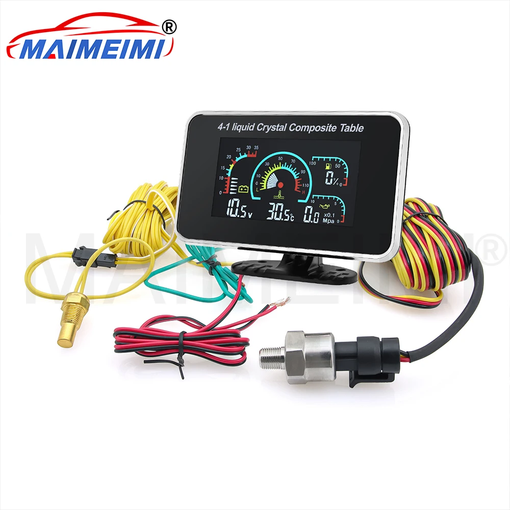 

4 в 1, ЖК-дисплей, автомобильный цифровой вольтметр температуры воды, давления масла, вольтметр, датчик уровня топлива с датчиком 100-575 мм