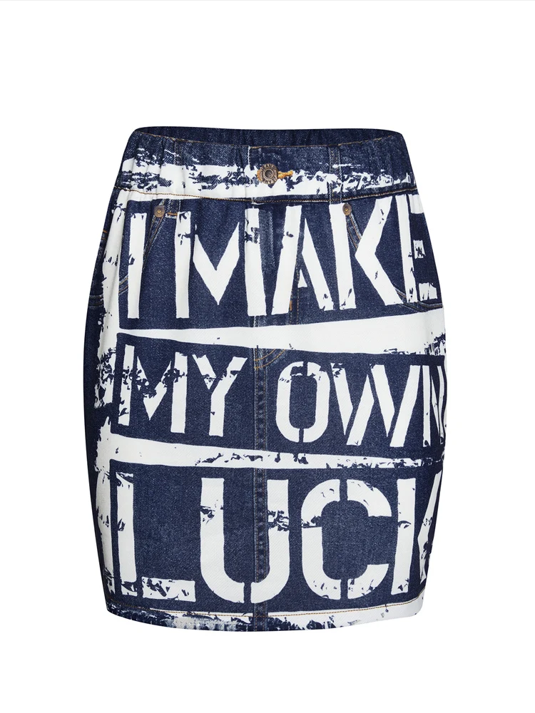 

Cherry Invasion Letter Printed Vintage Casual Slim Fit Women Demin Jean Short Skirts