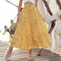vintage yellow daisy print elastic waist women a line hippie maxi bohemian casual beach rayon skirt