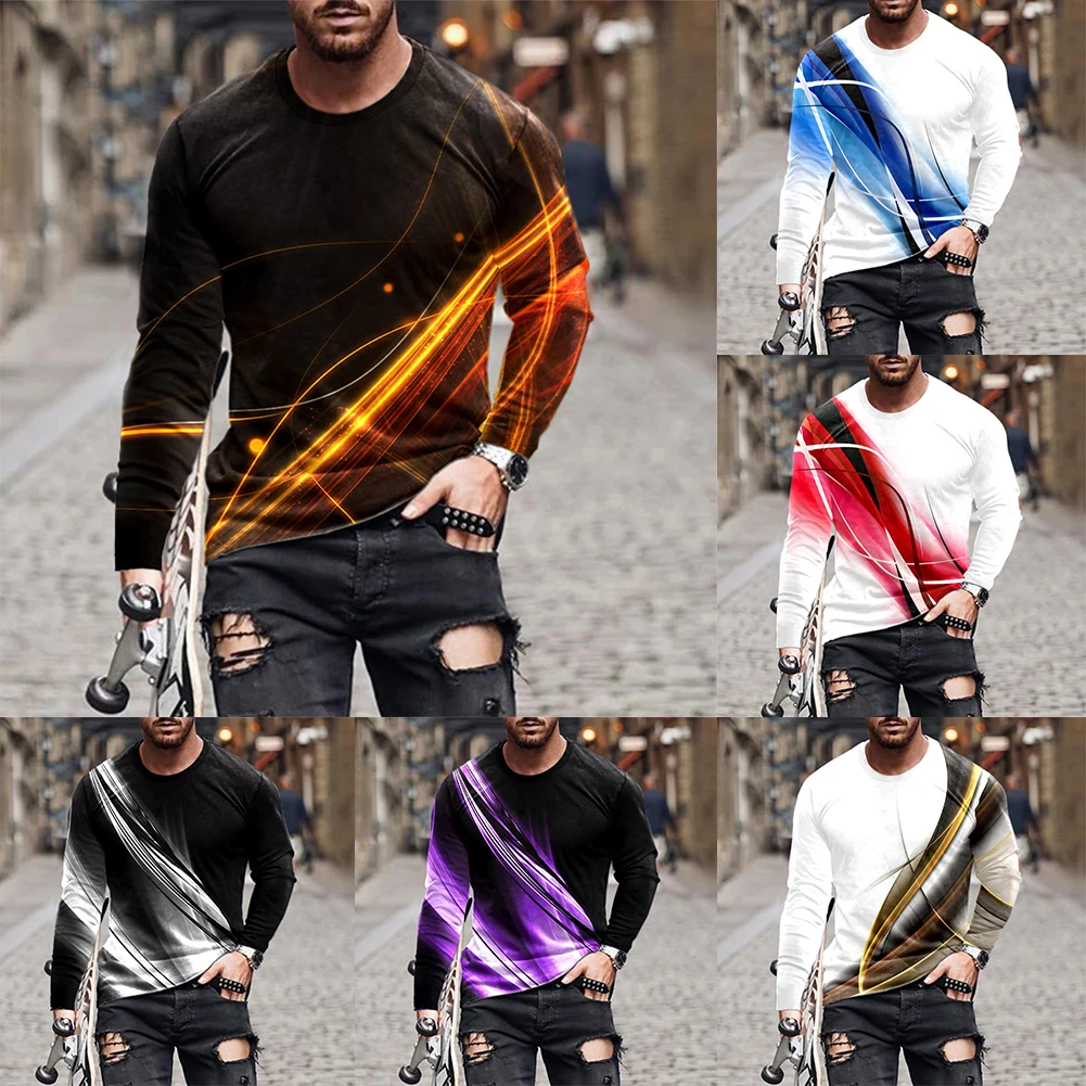 

Autumn New Mens Long Sleeve Casual 3D Print T-Shirt Crew Neck Slim Fit Muscle Blouse Activewear Tops Tee Male Warm Shirts