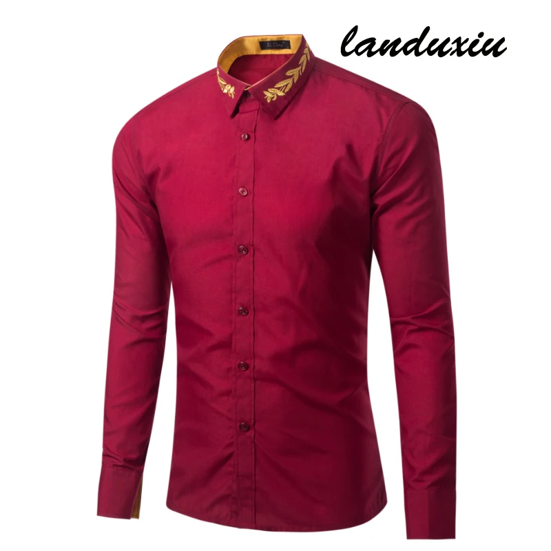 

2022 Spring Men's European Size Neckline Embroidered Solid Color Long Sleeve Shirts landuxiu