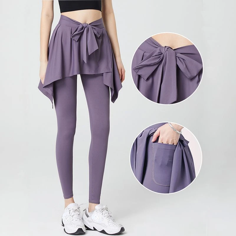 Yoga Sports Leggings High Waist Fake Two Pieces Lace Up Bow Knot Culottes Quick-drying Hip-lifting Running Fitness Pants Autumn