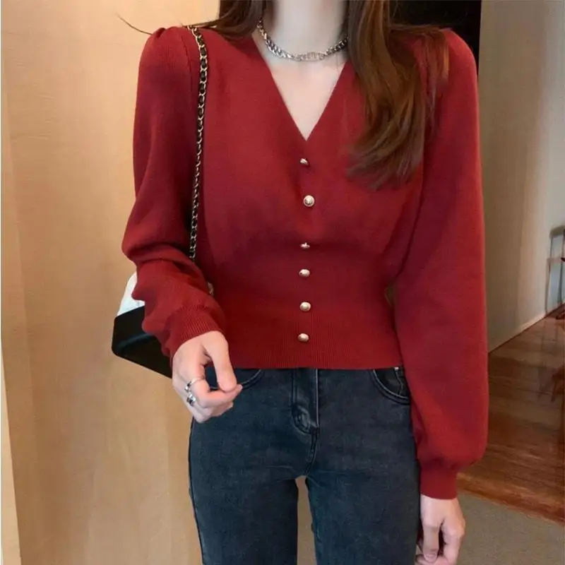 

Cardigan sweater 2022 spring new loose waist thin short sweater coat new year red v-neck knitted cardigan sweater women ocat