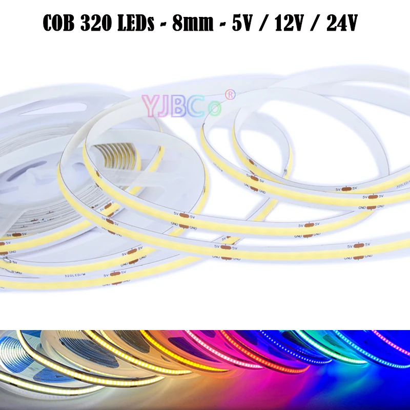 5V 12V 24V 5M single color COB LED Strip 320LEDs White/Warm white/Natural White/Blue/Red/Green FCOB Flexible Light Tape 8mm FPCB