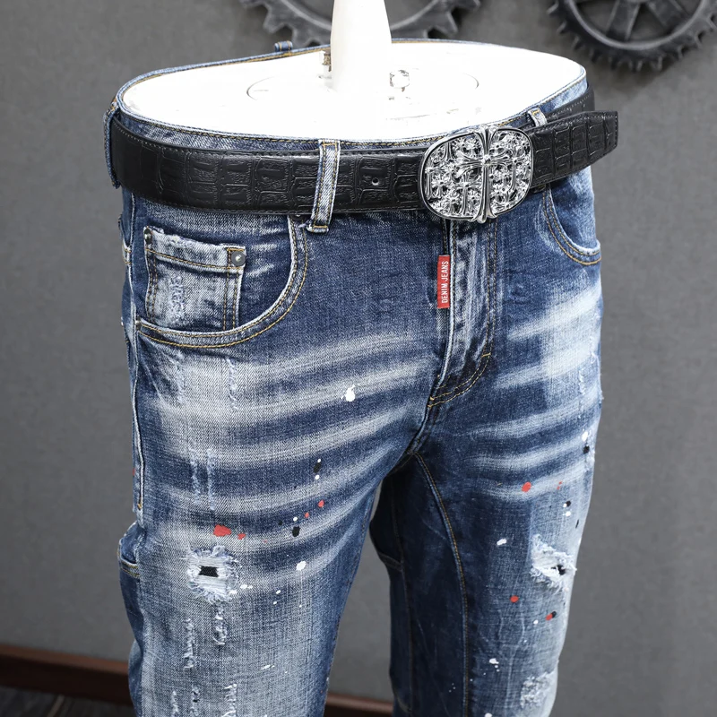 Fashion Designer Men Jeans Retro Blue Stretch Slim Painted Ripped Jeans Men Hip Hop Denim Pants Hombre Casual Vintage Trousers