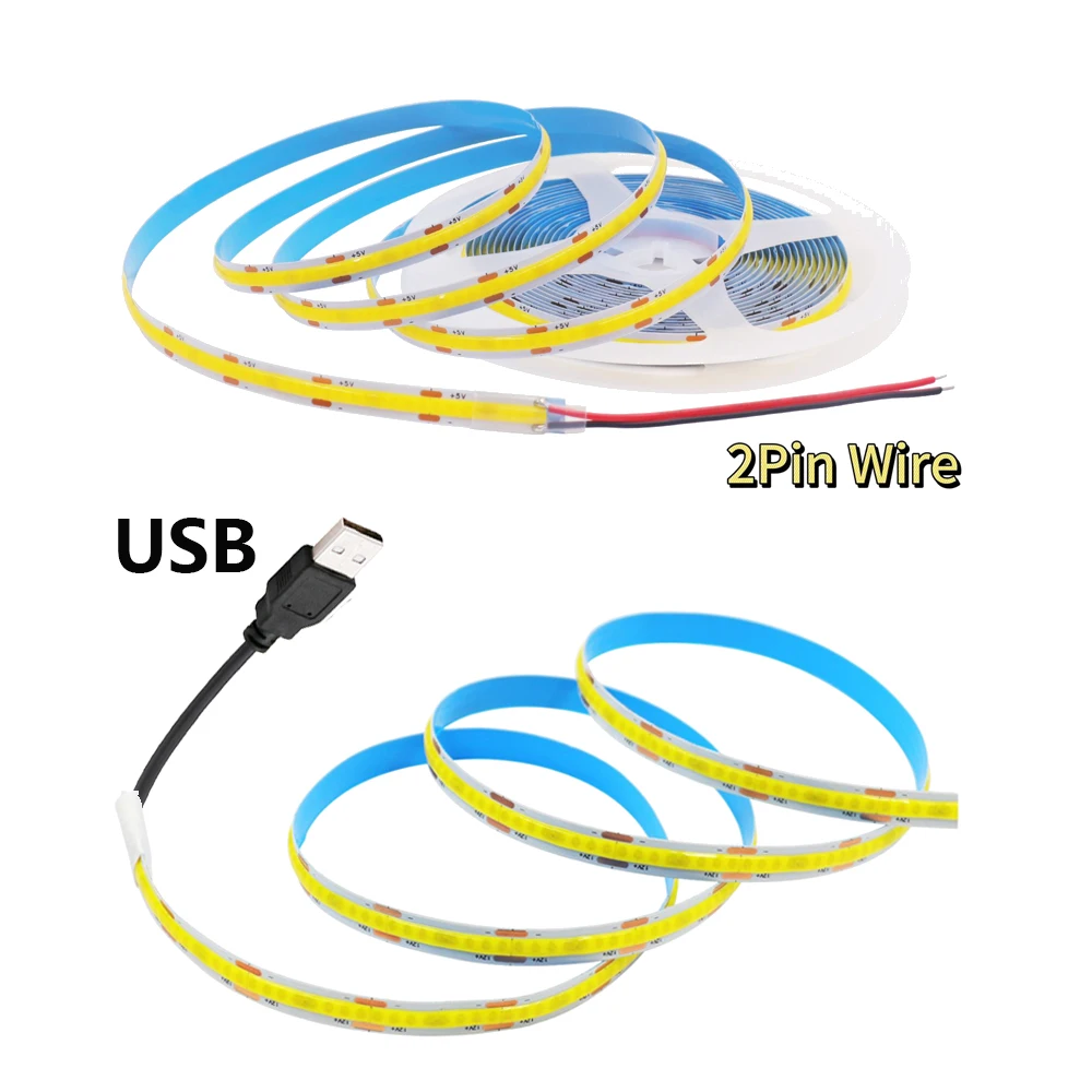 Фото 12 В 5 В USB COB Светодиодная лента с 2-контактным проводом 320 384 480 528 светодиодов Гибкая лента Линейное освещение Теплый Белый Розовый Синий Красный Желтый №5