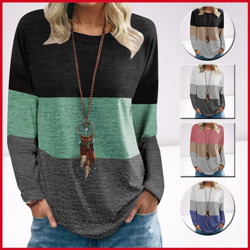 2022 Autumn Harajuku Patchwork T-shirt with Long Sleeves Vintage Loose Casual Tops Round Neck Oversize Women's T-shirts Female