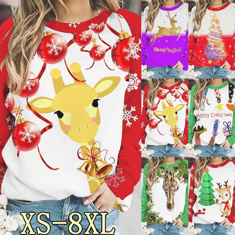 

2022 Женская осенне-зимняя НОВАЯ РОЖДЕСТВЕНСКАЯ одежда, повседневные топы с круглым вырезом и длинным рукавом с принтом жирафа