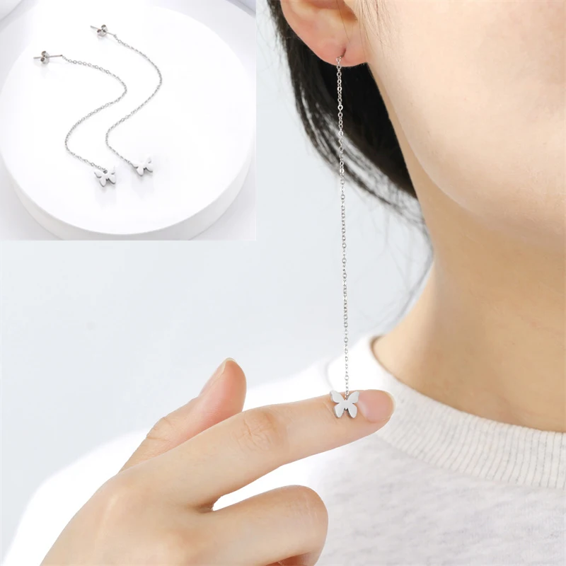 

Корейские серьги с длинными подвесками в виде бабочек