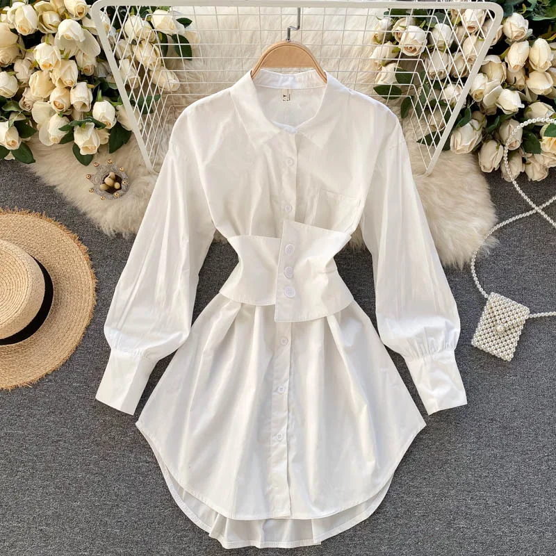 

Женское винтажное платье-рубашка с длинным рукавом, офисное однотонное повседневное мини-платье с отложным воротником, комплект из двух предметов, лето 2022