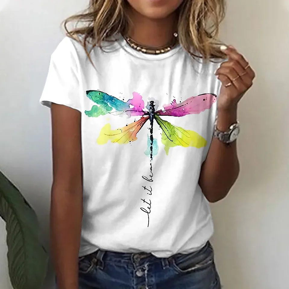 

Summer Women Short Sleeve O-neck Oversized T Shirt for Women White Fashion Ladies T-shirt 3d Dragonfly Print Top Casual Clothing