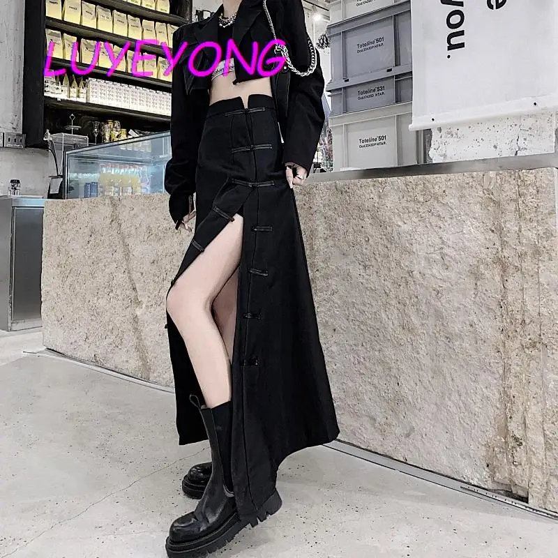 

Korean Fashion Black Dark Goth Harajuku Cheongsam Skirts Punk Gothic Female Slit Empire Long Chinese Style Skirt 2022 Spring