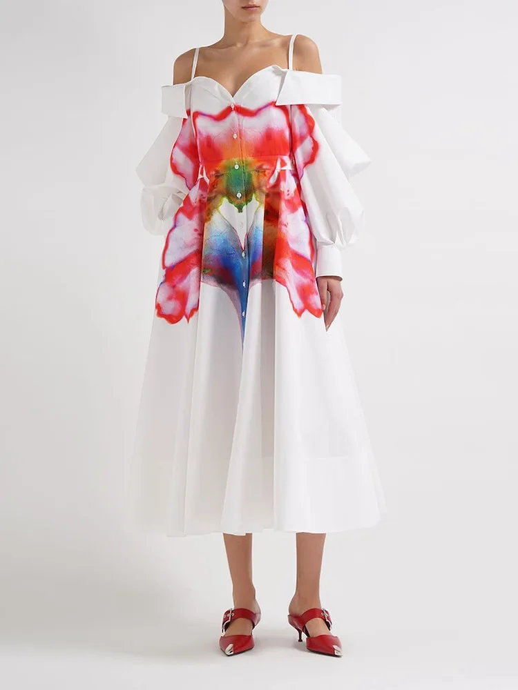 

Womens Elegant Printing White Party Dress Lantern Long Sleeve Off-Shoulder Birthday Dresses Single Breasted Fashion Female Dress