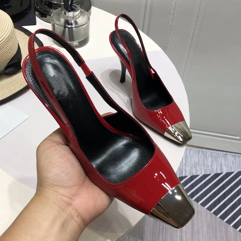 2023 New High Heels Women's Metal Square Head Thin Heel Baotou Sandals Small Documentary Shoes Women
