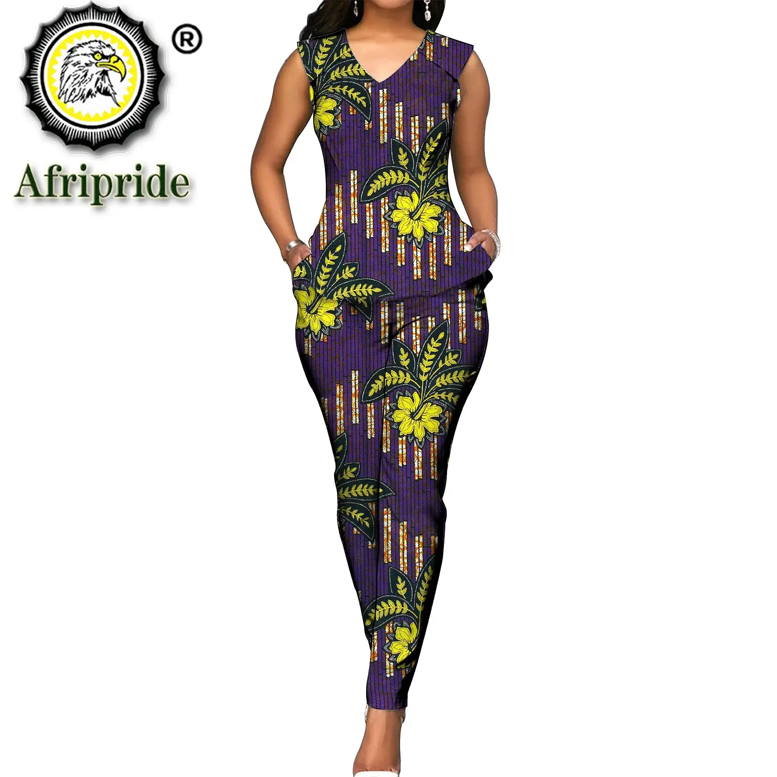 2022 Women`s 2 Piece Set Dashiki Tops Blouse+ Ankara Pants African Print Outfit Sleeveless V Neck Casual Wear AFRIPRIDE S1926031