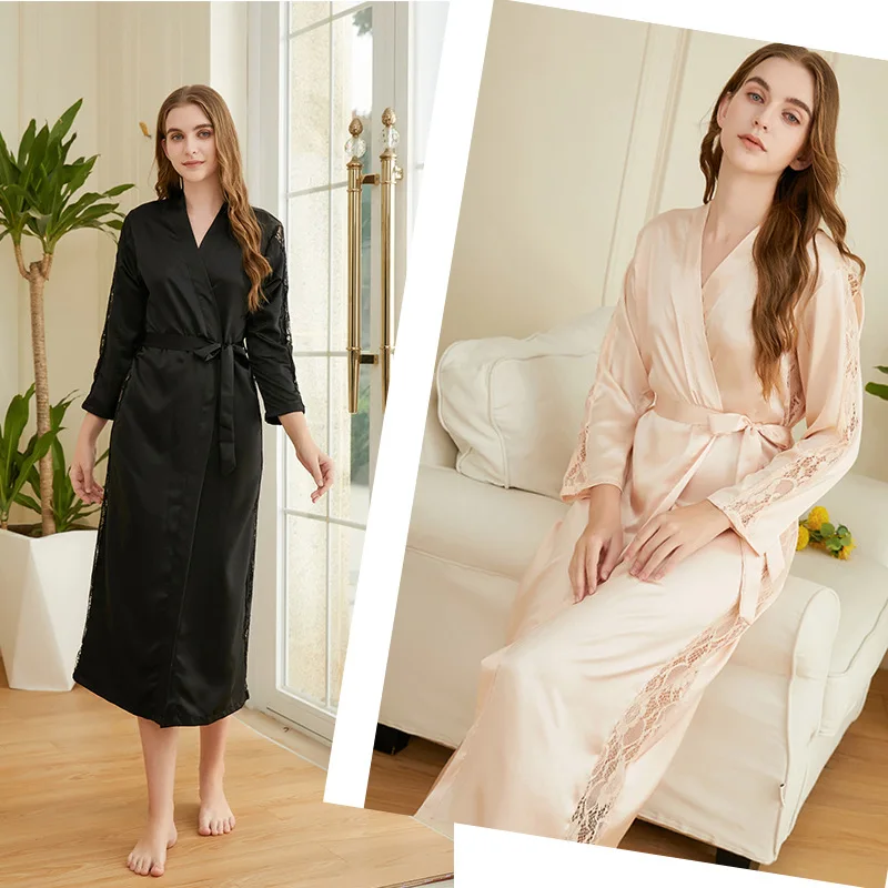Women's Sleep Pajamas Emulation Silk Nightgown Lace-up Sexy Long Robe Hotel Casual Comfortable Bathrobe Homewear Underwear