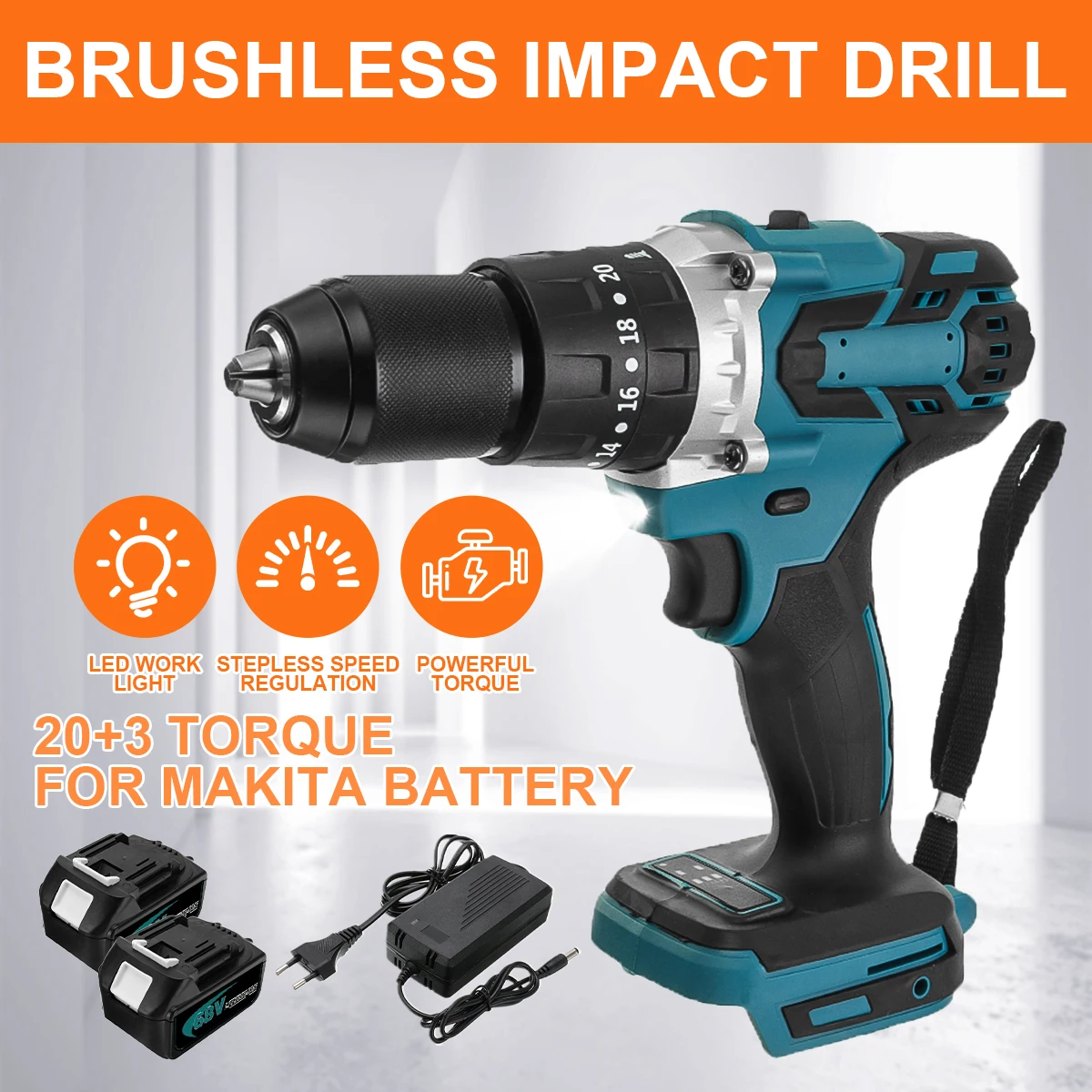 

18V Electric Cordless Impact Drill Rechargable Screwdriver 13mm 3 in 1 For Makita Battery Power Tool Wireless Recharge Tools