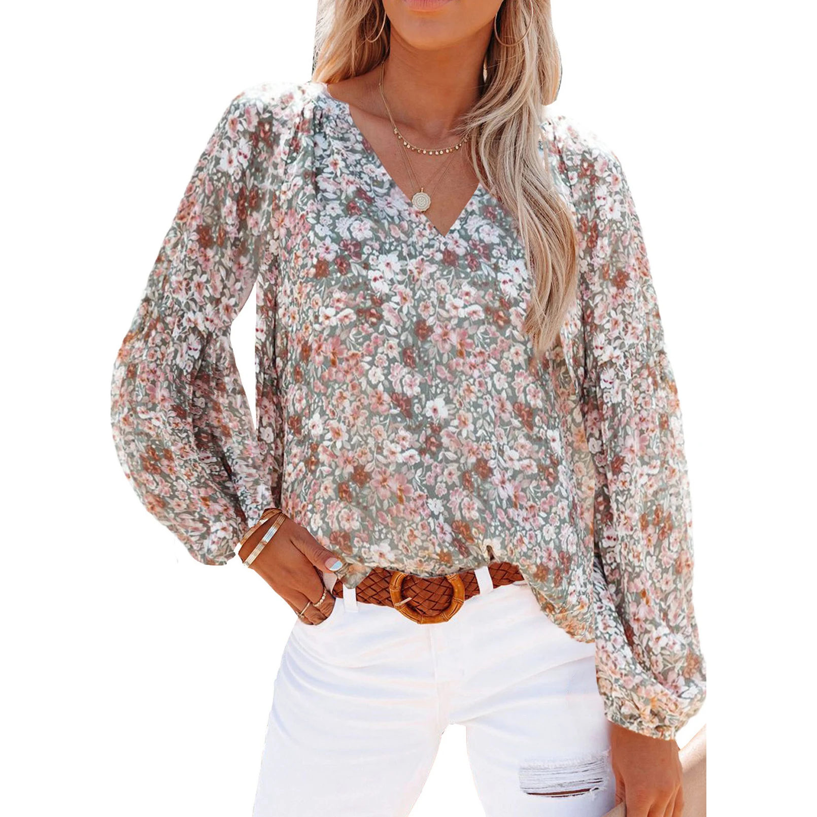 

Casual Retro Shirts Women's Blouse Boho Floral Print V Neck Long Sleeve Loose Blouses Autumn Elegant Basic Tops Female Clothing