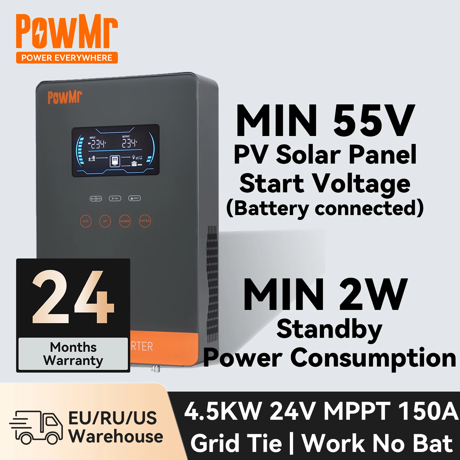 PowMr 24V MPPT 150A ON OFF Grid Solar Inverter Hybrid Pure Sine Wave Lithium-Iron & Lead-Acid Battery PV Panel Max Power 6KW