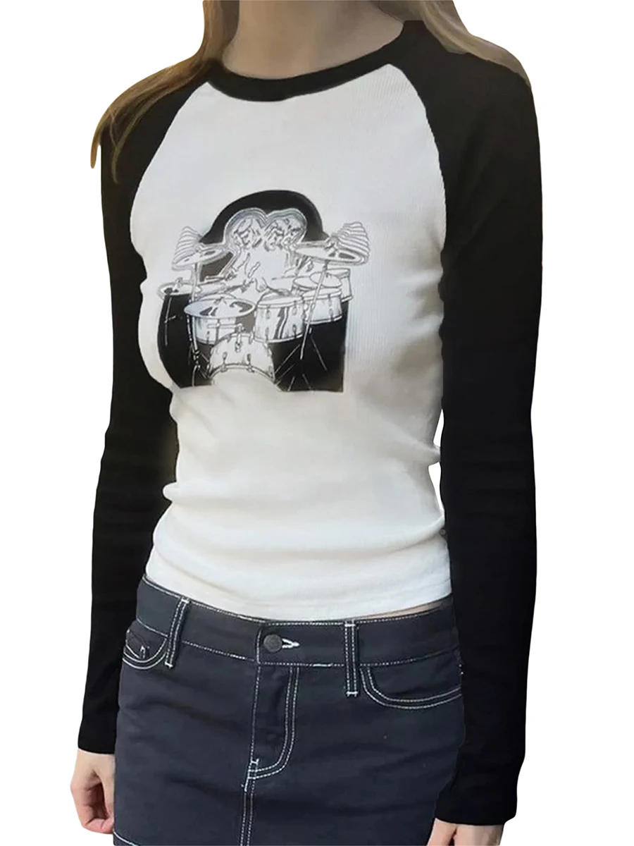 

Женская футболка с длинным рукавом, принтом и круглым вырезом