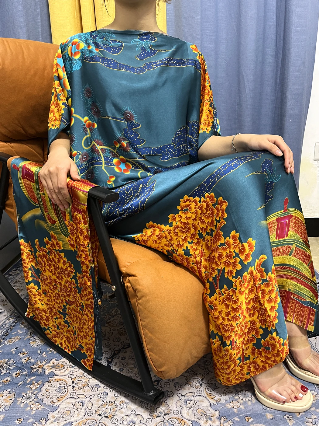 _ 2023 мусульманская летняя свободная шелковая Женская одежда с принтом