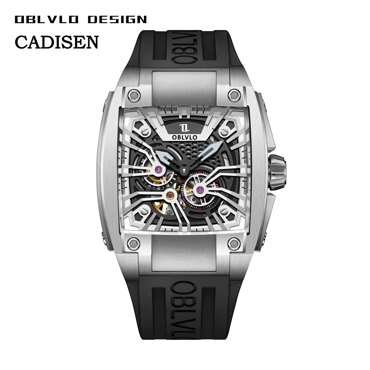 

OBLVLO Automatic Mechanical Watch Men Luxury Brand Luminous Skeleton Stainless Steel Rubber Strap Sapphire Glass Rectangle Clock