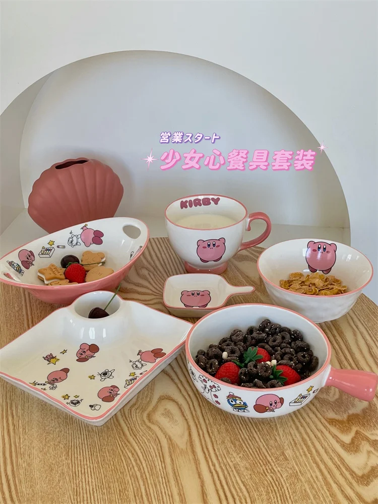

Pink Cute Cartoon Ceramic Cup Breakfast Instant Noodles Salad Bowl Plate Tableware Set