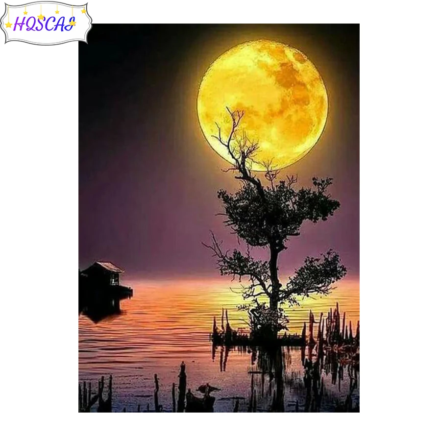 

Алмазная 5D картина «сделай сам», мозаика с изображением Луны, дерева, чайки, круга, квадрата, стразы, украшение для дома, Морского Пейзажа
