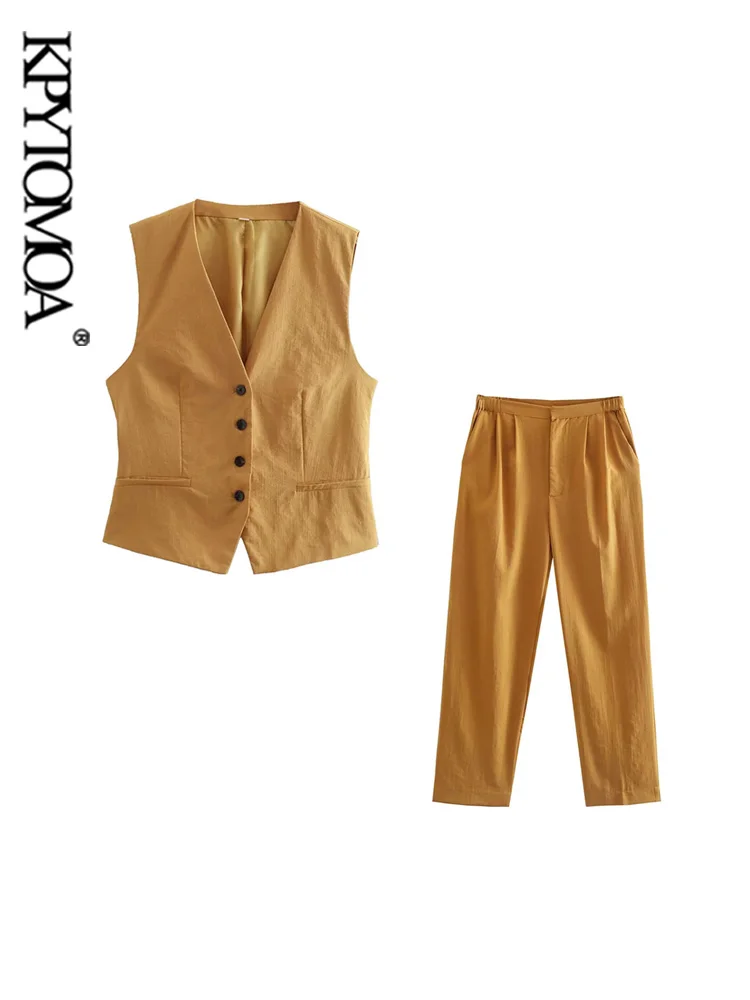 

KPYTOMOA Women Fashion Front Buttons Cropped Waistcoat And High Elastic Waist Zipper Fly Ankle Trousers Female Sets Mujer