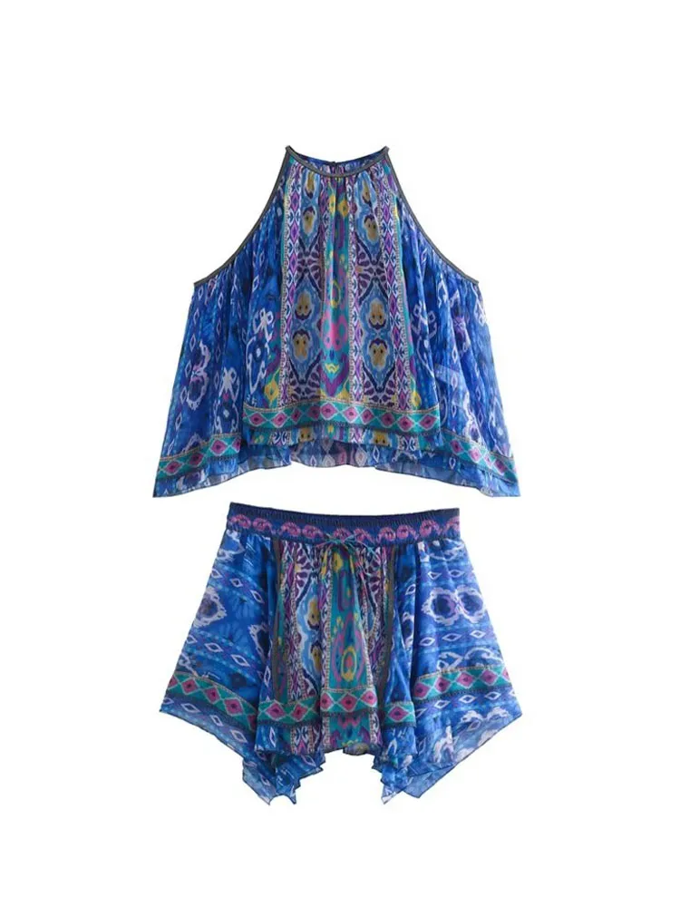 

Women 2022 Summer New Fashion Printed Halterneck Collar Cropped Tank Tops Vintage Thin Straps Female Camis Chic Tops