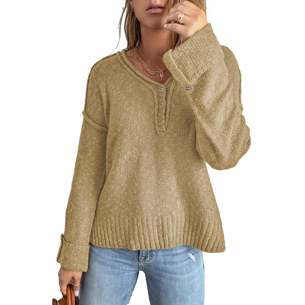 

Весенне-осенний плотный однотонный пуловер на пуговицах с V-образным вырезом и длинным рукавом, вязаные топы, женские свободные вязаные свитера