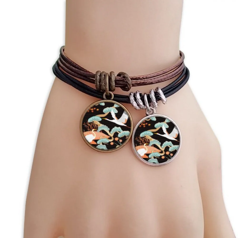 

Cranes Peonies Maple Leaves Pattern Bracelet Double Leather Rope Wristband Couple Set