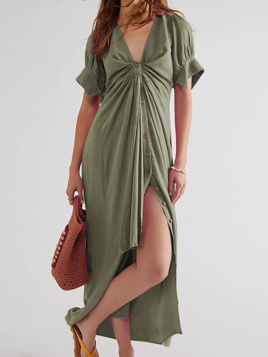 

Платье-кардиган женское на пуговицах с V-образным вырезом и коротким рукавом