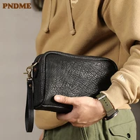 pndme casual luxury natural genuine leather mens multifunctional black clutch bag simple first layer cowhide shoulder bag