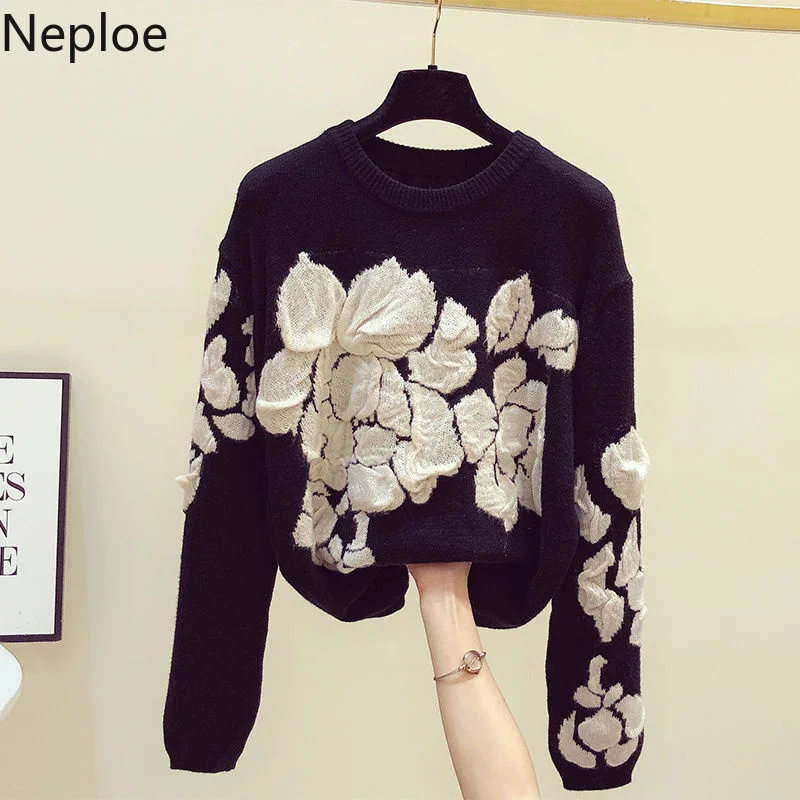 

Neploe Fall 2022 Women 3D Embroidery Floral Sweaters Vintage O-neck Knitted Pullovers Sueter Mujer Fashion Korean Jumper 4F171