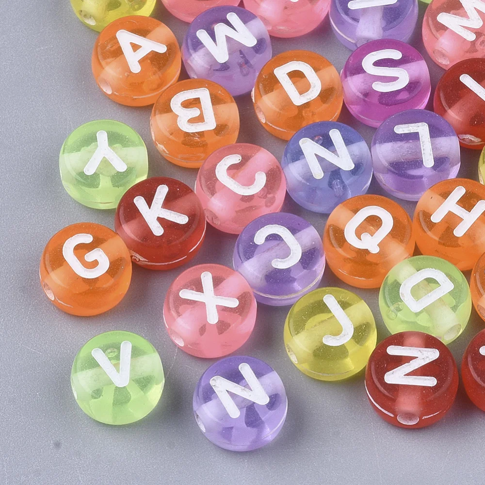 

500g Transparent Acrylic Beads Horizontal Hole Flat Round with Random Initial Letter Mixed Color 7x4mm Hole:1.5mm about 5555pcs