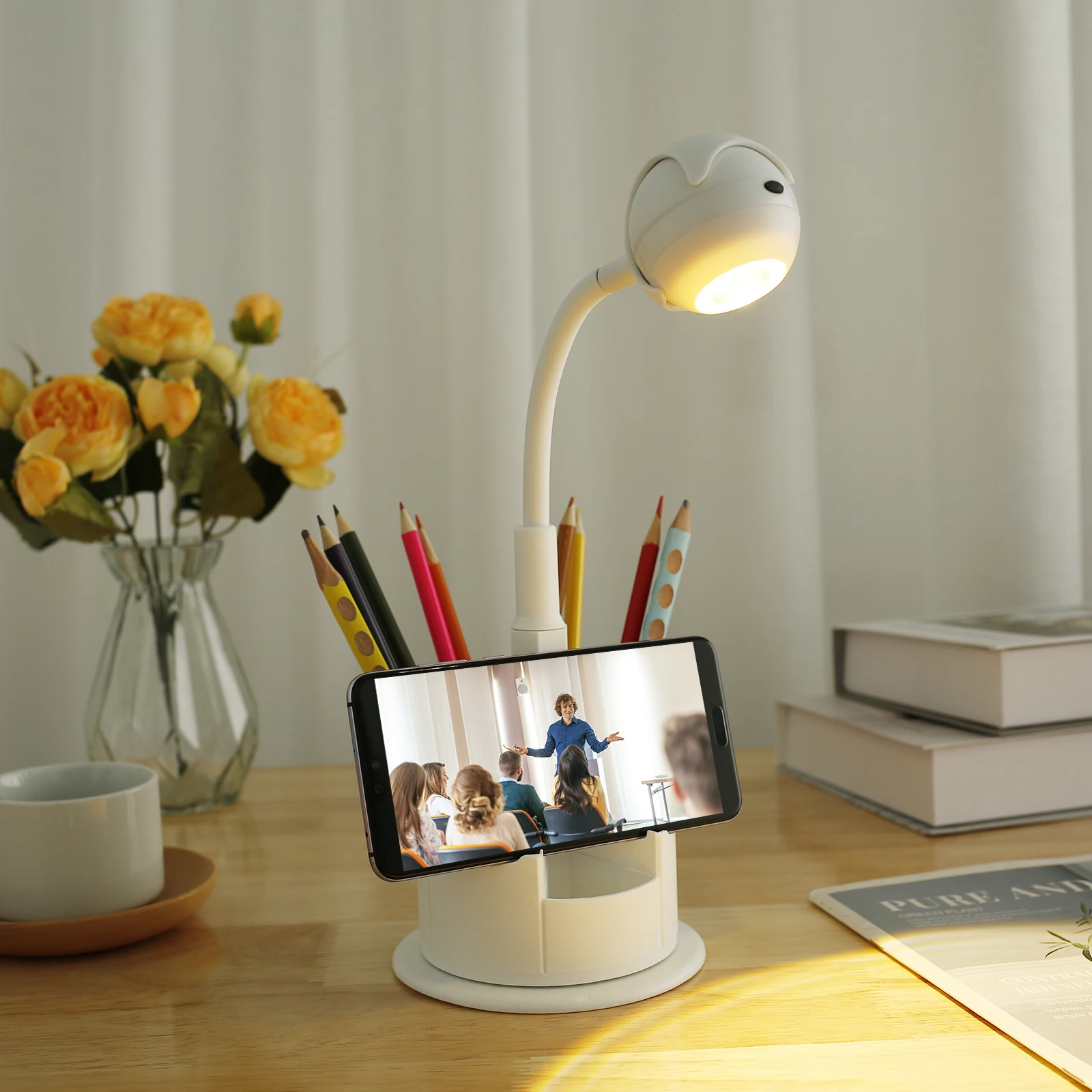 

New Pen Holder Table Lamp 4 Mode Dimmable Desk Lamp with Pen Holder Multifunctional Phone Holder Lamp LED Study Lamp Flexible