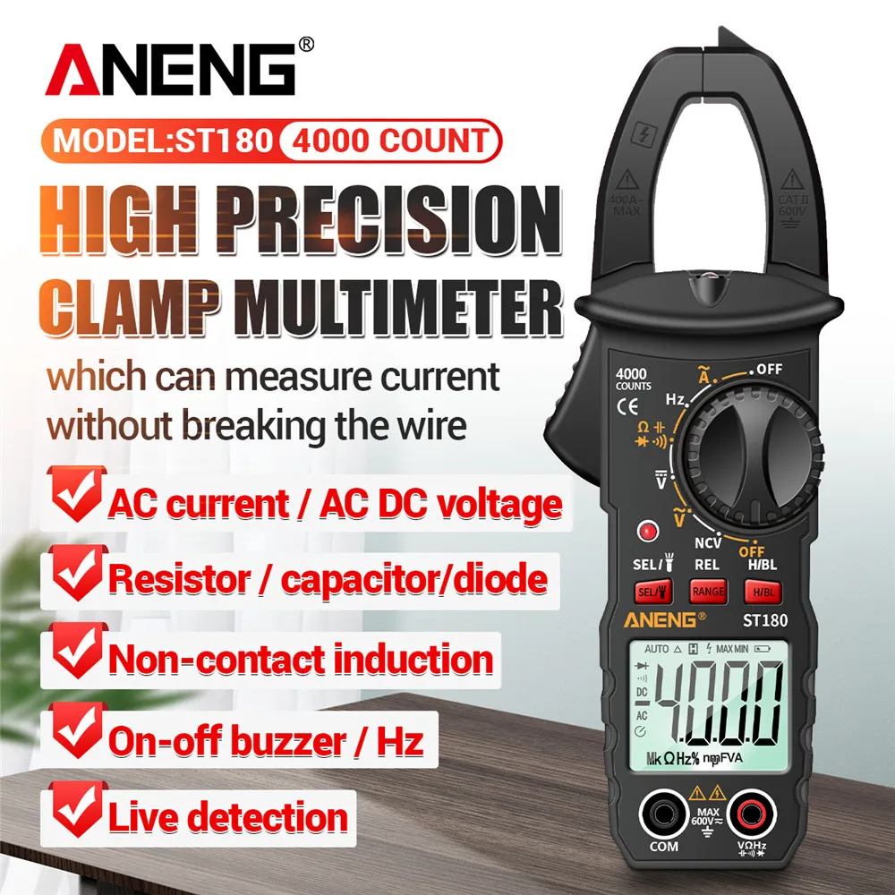 

ANENG ST180 Digital Clamp Meter 4000 Counts AC/DC Voltage Multimeter Ammeter Voltage Tester Car Amp Hz Capacitance NCV Ohm Tool