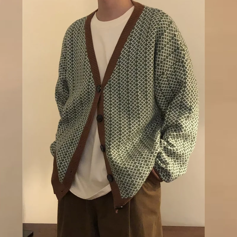 

Vintage Patchwork Ribbed V Neck Sweater Cardigans Men Fashion Button-down Knit Jacket For Mens Autumn Loose Long Sleeve Sweaters