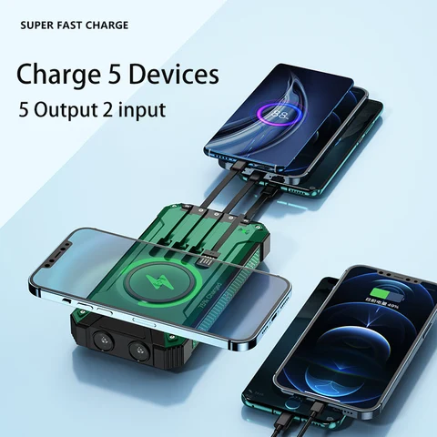 Solar Power Bank со встроенным кабелем Беспроводное зарядное устройство Qi 20000 мАч Powerbank для iPhone 15 14 Xiaomi Samsung Powerbank с Campi