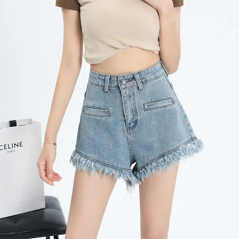 Loose Ragged Design A-line Denim Shorts Elastic High Waist Short Jeans Wide Leg Pocket Tassel Shorts Casual Summer Chic Clothes