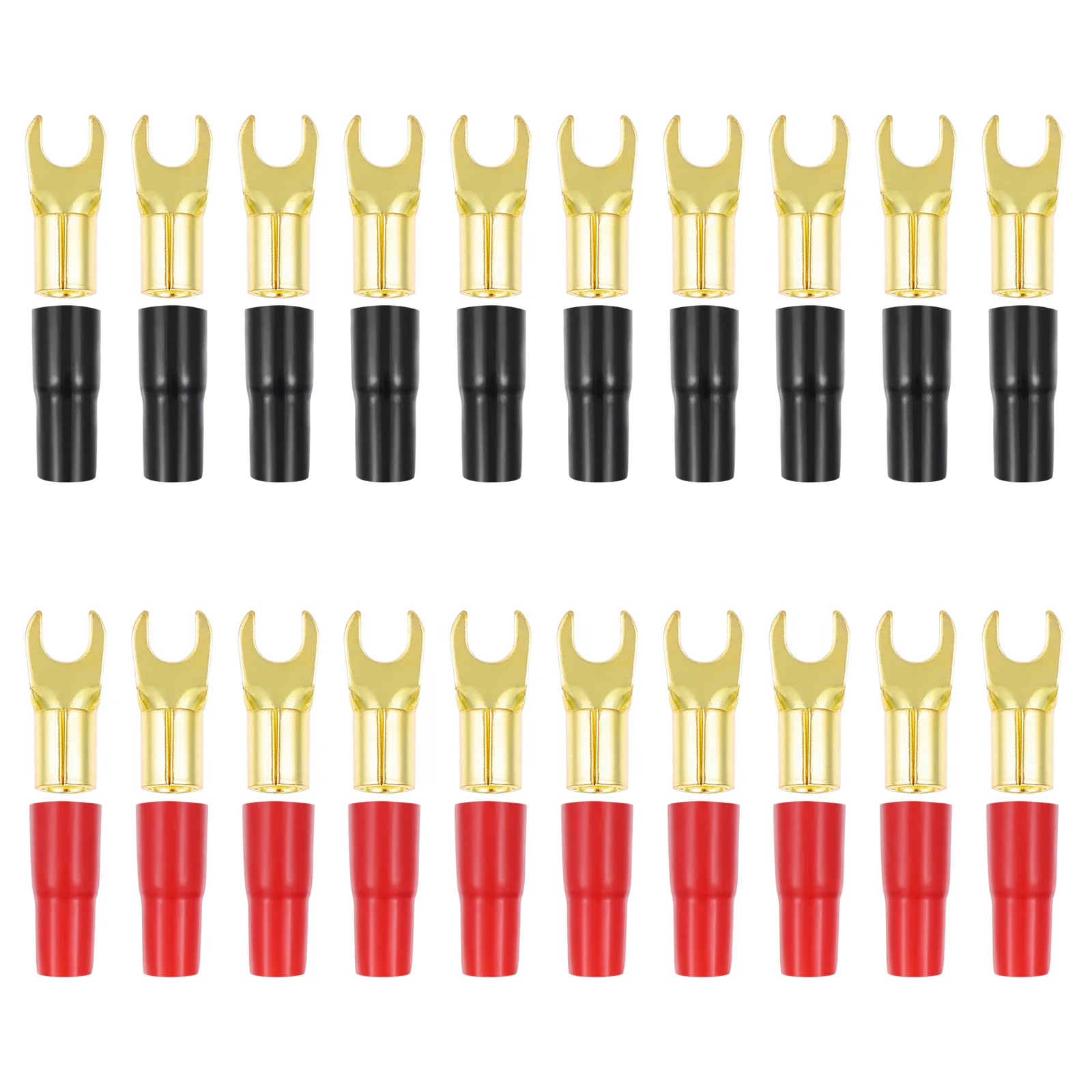 

WAKAUTO 10 Pairs 8 Gauge Strip Spade Terminal Copper Gold Plated Connectors 8GA Crimp Barrier Spades Plugs for Speaker (Red and
