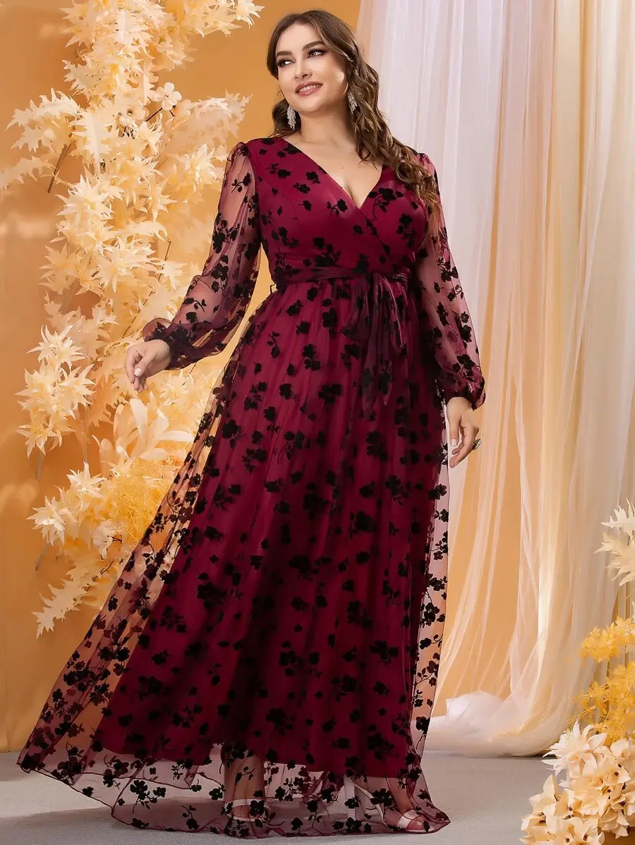 Plus Size Women Long Floral Mesh Elegant Dress 4XL 5XL Plus Size Long Sleeve V Neck Double Layer Long Party Dress